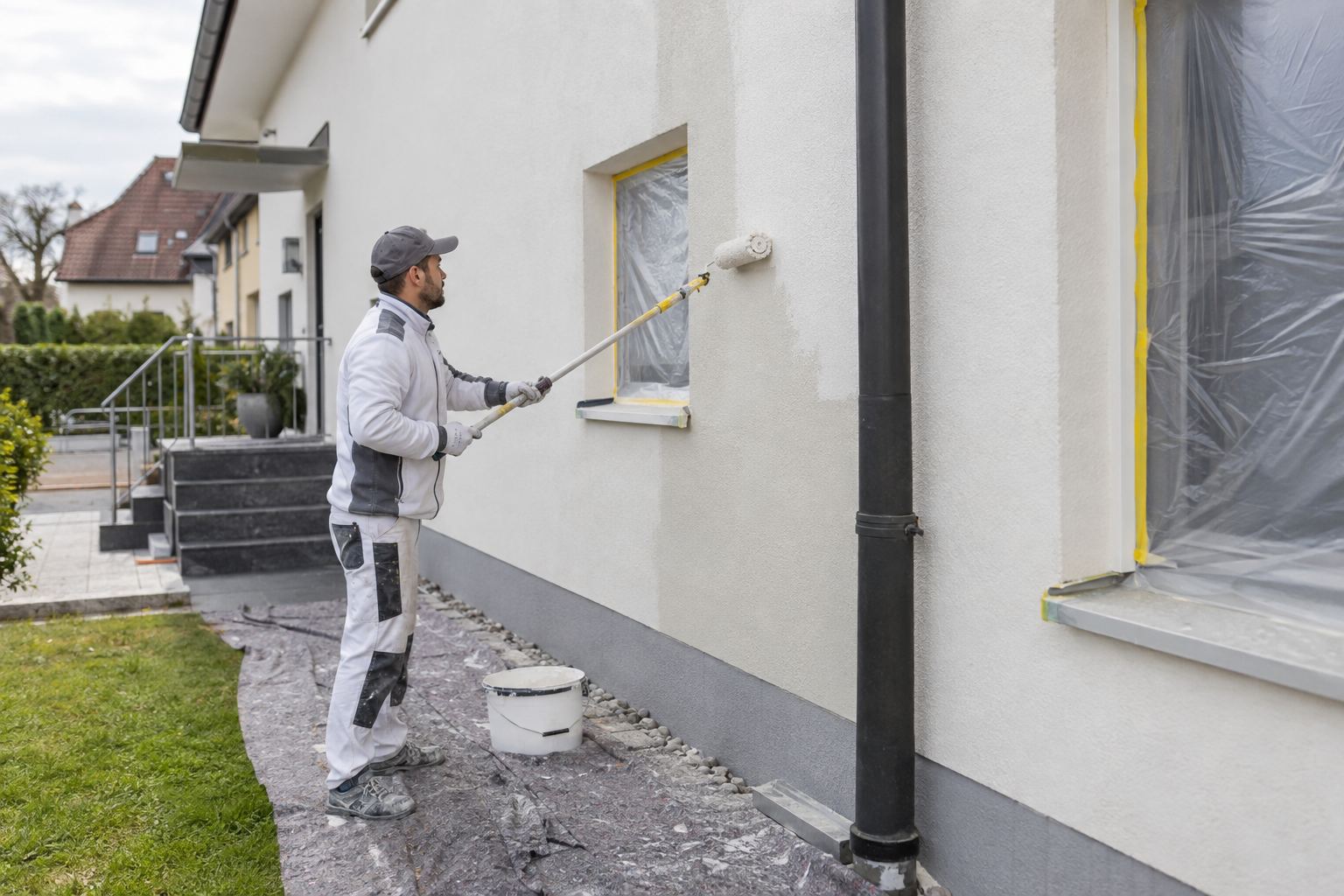 Maler streicht eine Hausfassade mit der Teleskoprolle