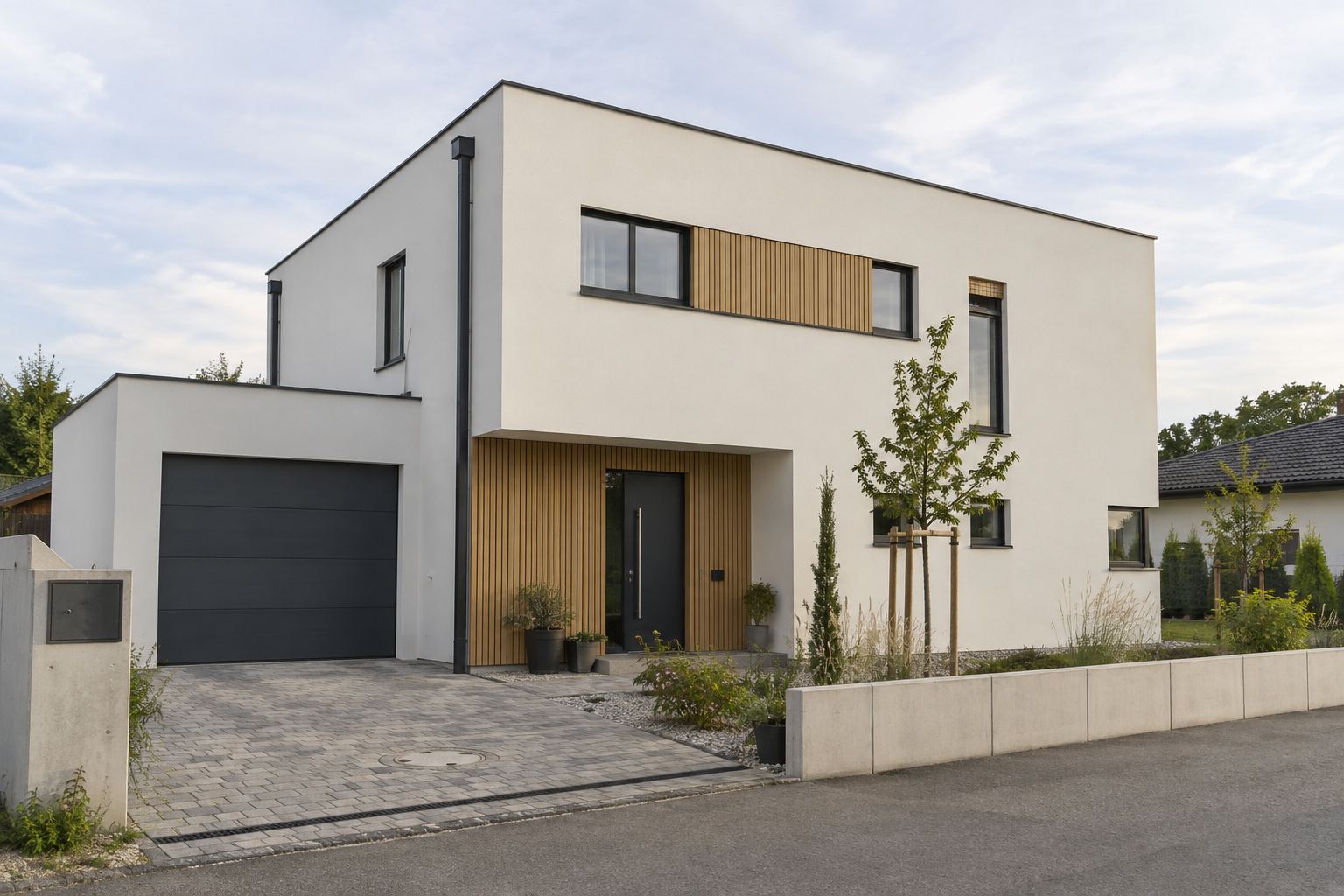 Modernes Haus in Würfelform mit weißer Putzfassade und Holzelement