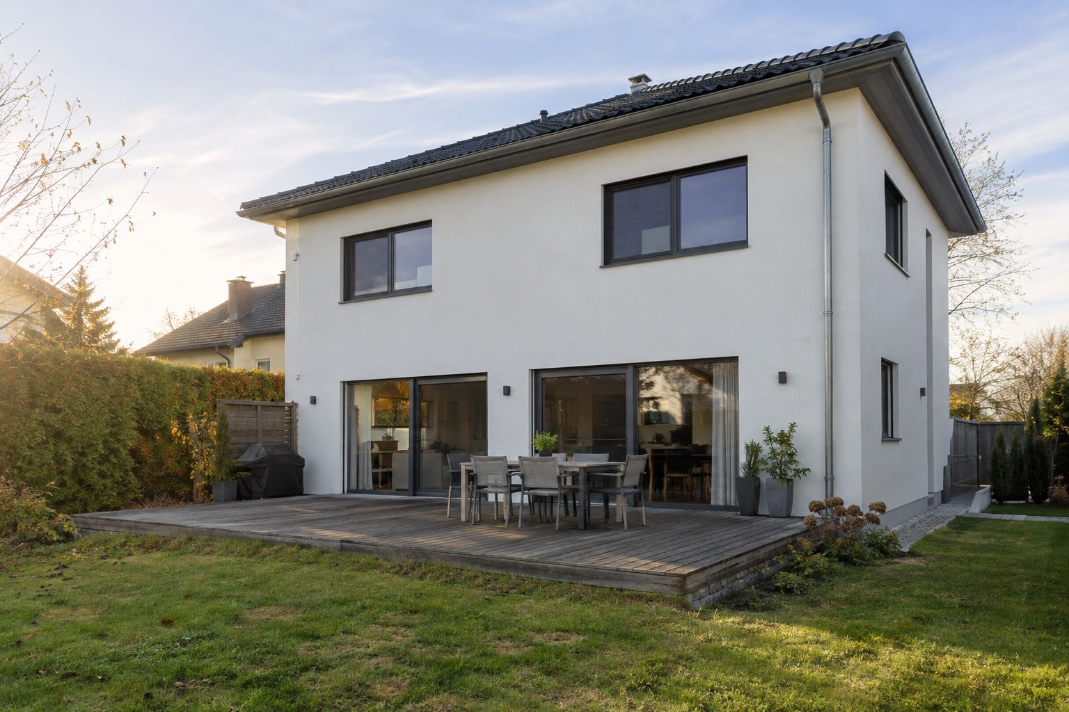 Einfamilienhaus mit weißer Fassade im Abendlicht
